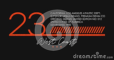 West Coast, California athletic typography for t-shirt design with number 23. Los Angeles apparel with grunge for sportswear. Vector Illustration